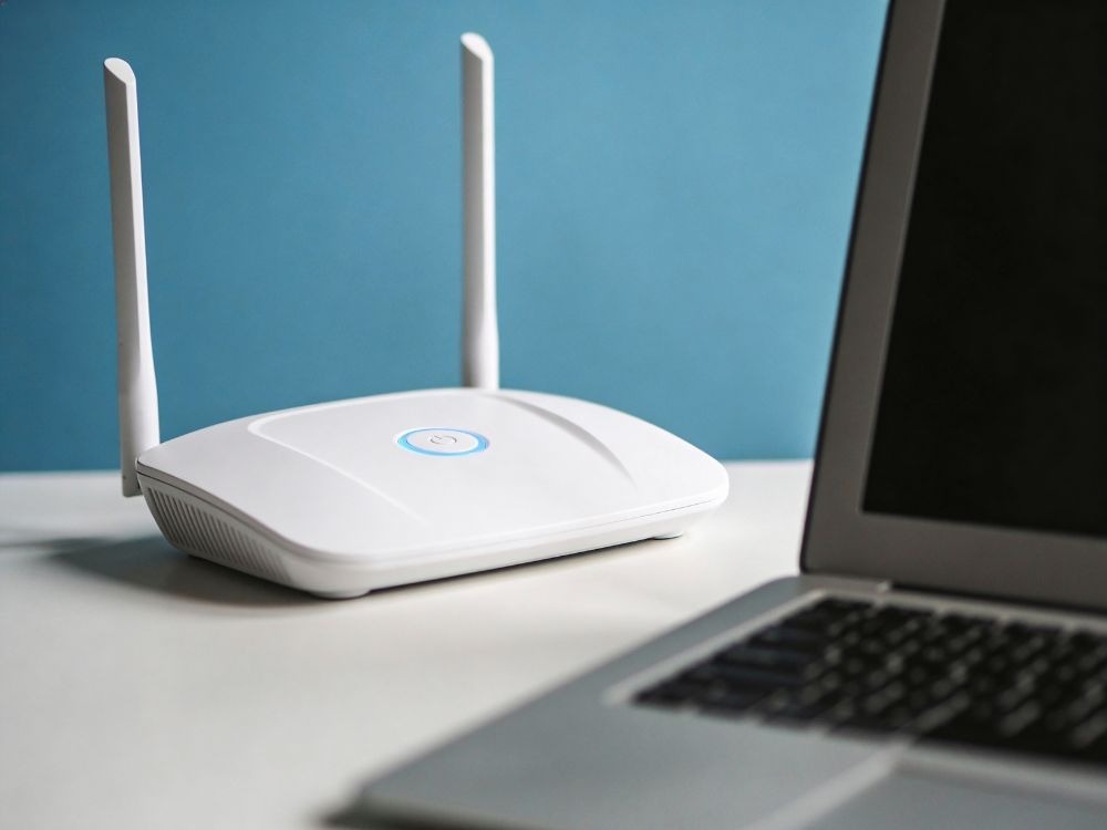 Roteador branco com antenas ao lado de um computador, ilustrando que a velocidade da internet depende do roteador utilizado na rede doméstica.