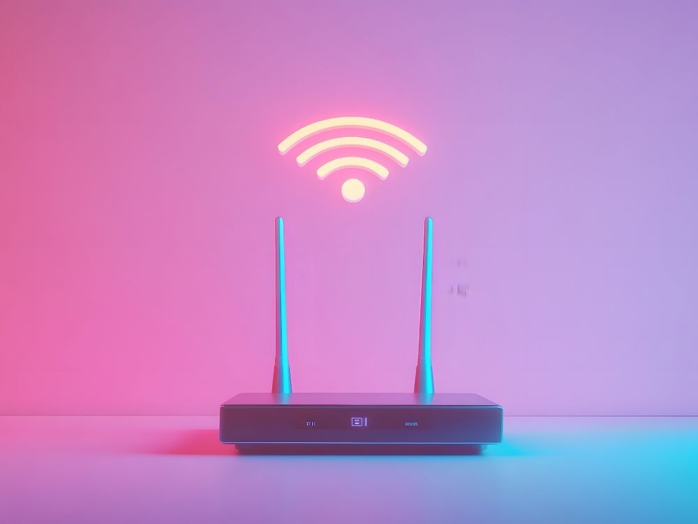 Roteador com antenas exibindo ícone de Wi-Fi iluminado em ambiente com luzes rosa e azul.