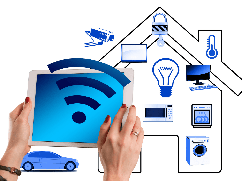 Tablet com símbolo de Wi-Fi controlando dispositivos de uma casa inteligente conectada por uma rede, mostrando a conexão que dispensa o uso de cabos