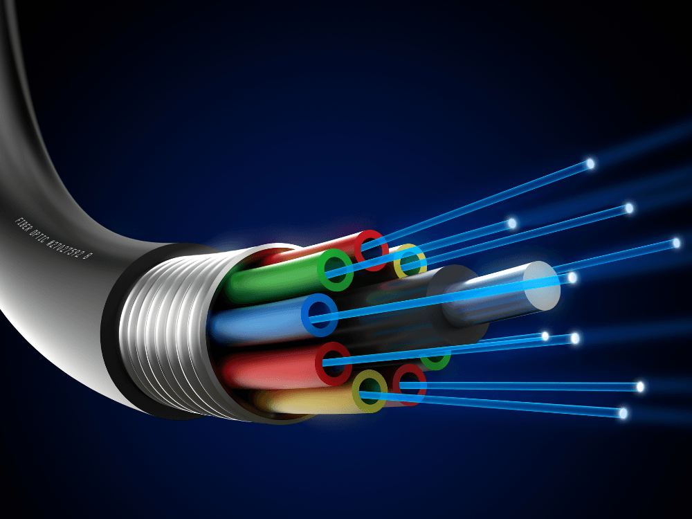 Ilustração de cabo de fibra óptica emitindo feixes de luz, representando a transmissão rápida de dados pela internet.