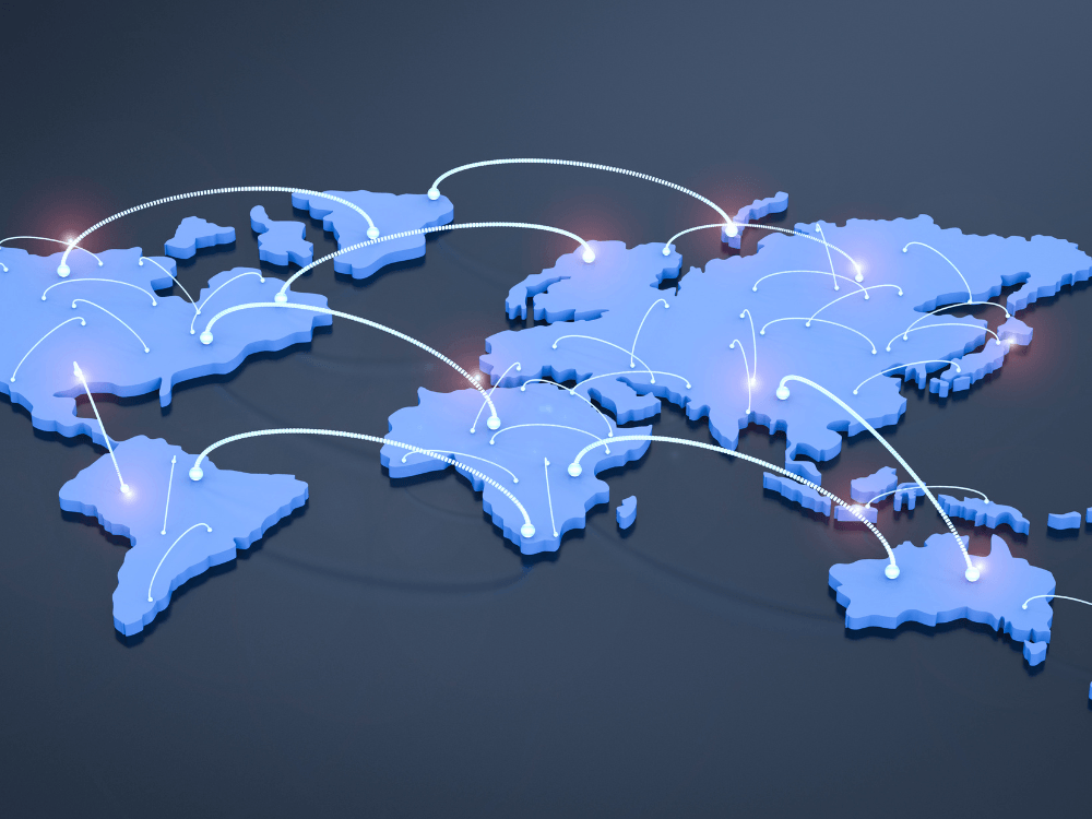 Mapa-múndi ilustrado com conexões entre continentes, representando diferentes tipos de redes e a comunicação global.
